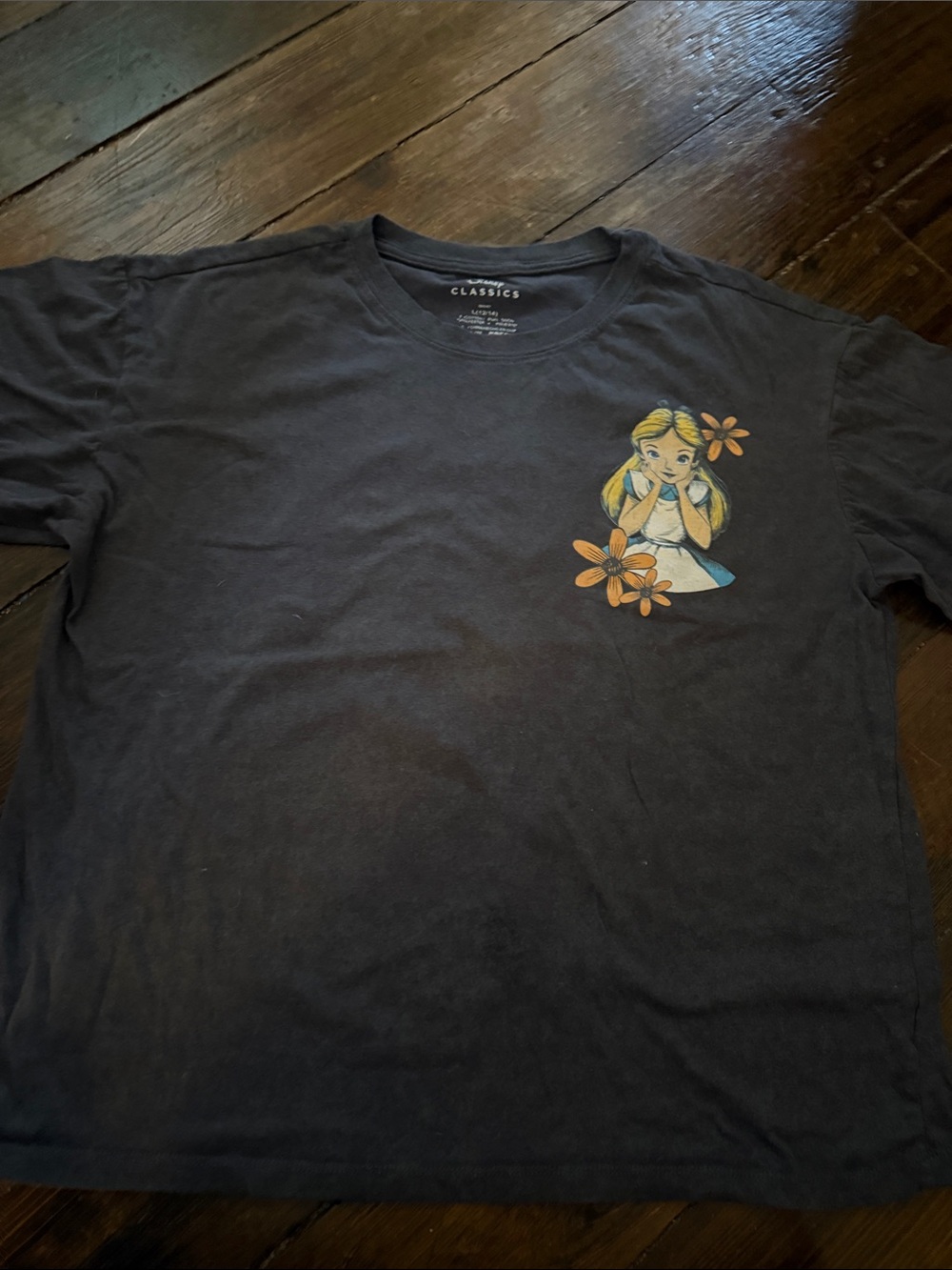 Disney Black Short-Sleeve Tee with Alice Character and Orange Flowers